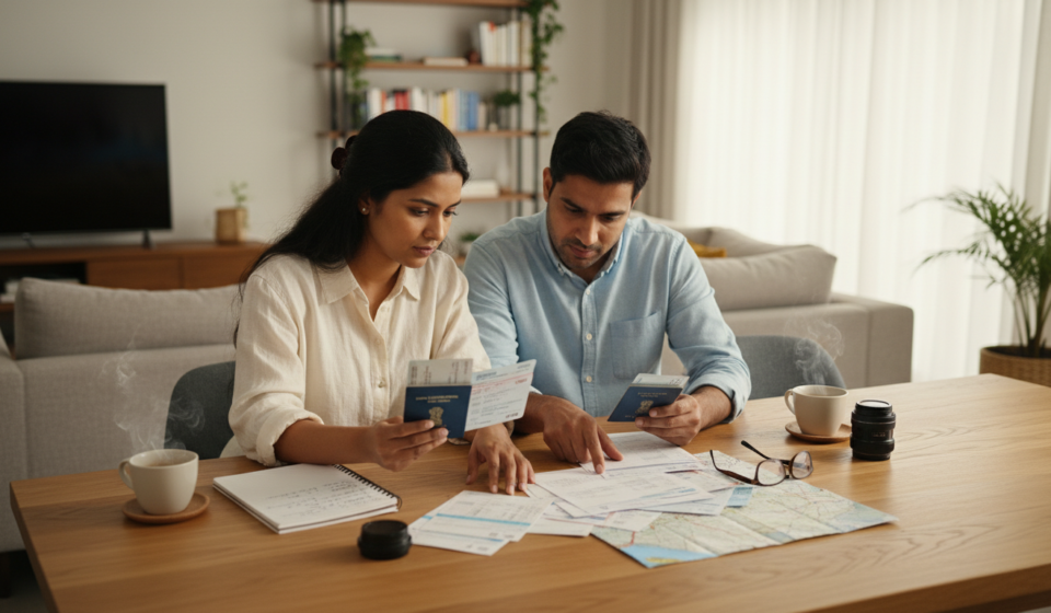 South Africa Visa for Indian Passport Holders: ETA & VFS Guide An Indian couple reviewing passports and travel documents at a wooden dining table in a brightly lit room.
