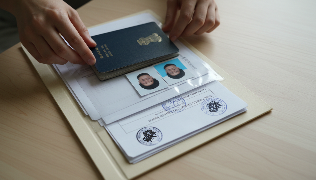 South Africa Visa for Indian Passport Holders: ETA & VFS Guide 2 A close-up of hands organizing bank-stamped statements, passport photos, and an Indian passport on a desk.