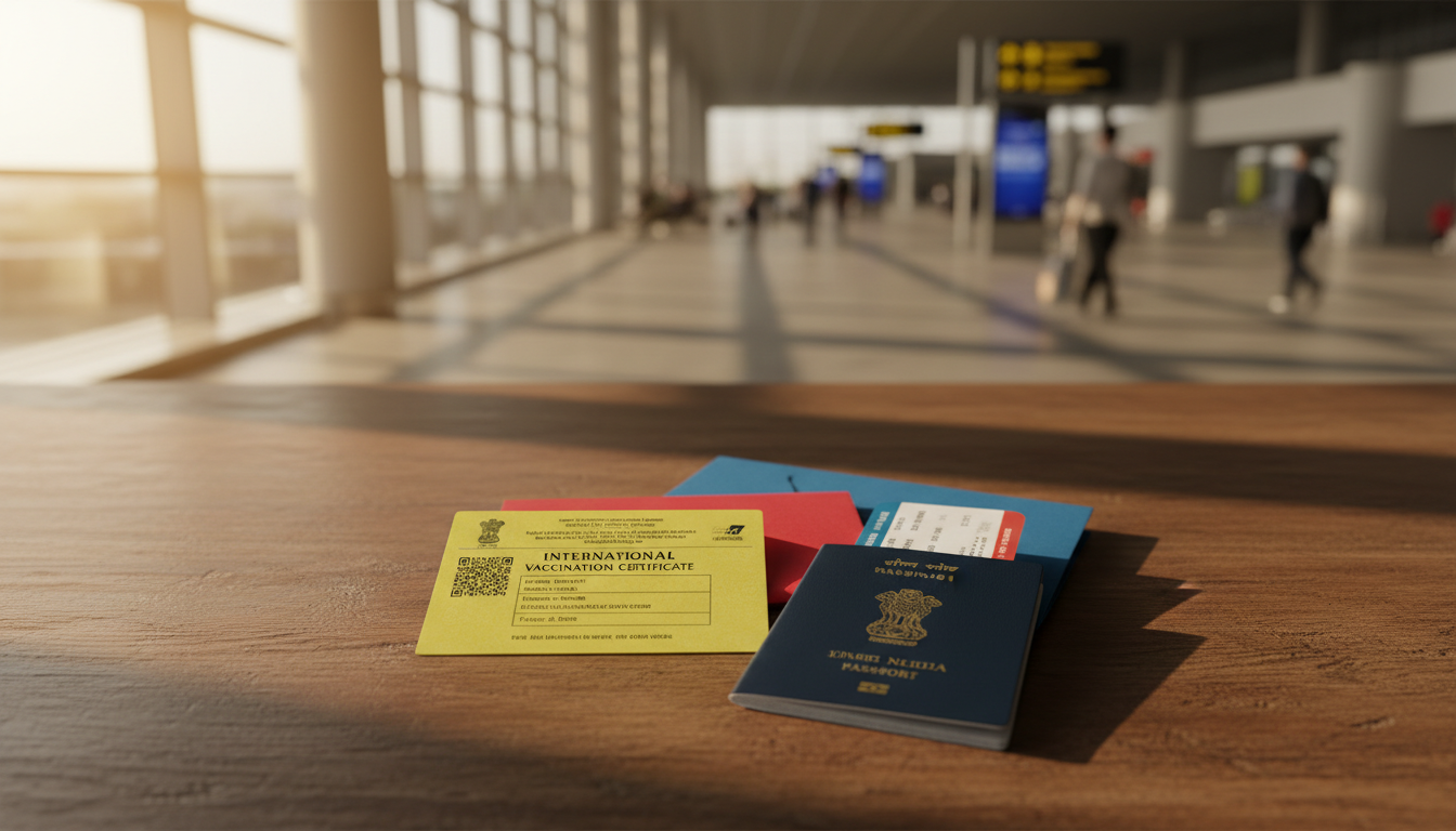 South Africa Visa for Indian Passport Holders: ETA & VFS Guide 1 A yellow international vaccination card lying next to a passport and airport transit flight documents on a wooden desk.
