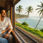 An Indian couple seated near an open window on a Sri Lankan coastal train overlooking the tropical ocean.