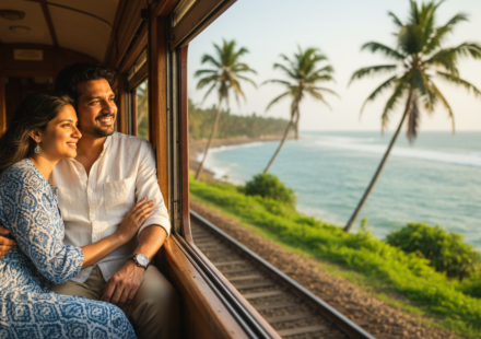 An Indian couple seated near an open window on a Sri Lankan coastal train overlooking the tropical ocean.