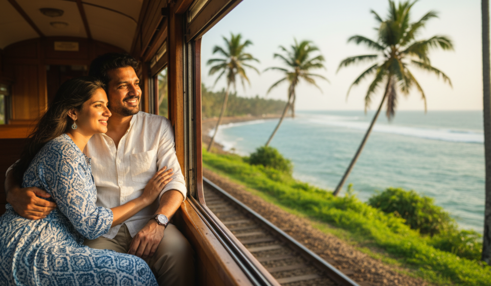 An Indian couple seated near an open window on a Sri Lankan coastal train overlooking the tropical ocean.