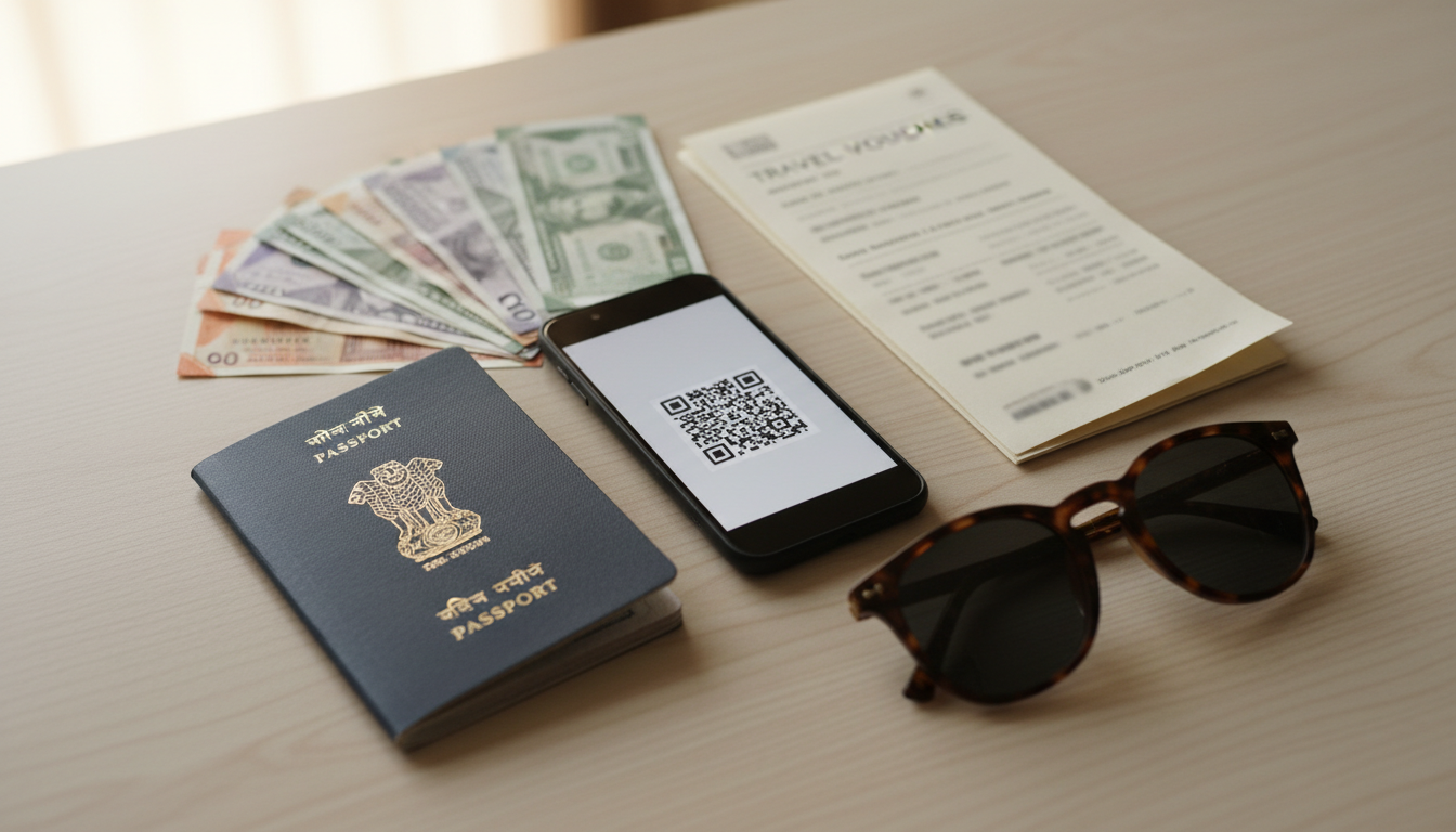 Flat-lay layout of an Indian passport, smartphone with QR code, flight documents, and foreign currency on a desk.