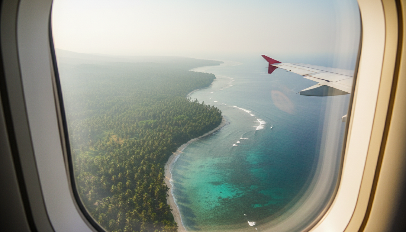 Aerial view from an airplane window showing the green coastline and coral reefs of Sri Lanka during airport approach.
