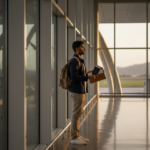 A traveller standing near a large airport window overlooking lush green hills at dusk with passport in hand.