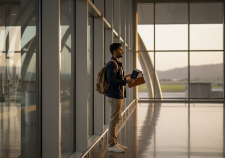 A traveller standing near a large airport window overlooking lush green hills at dusk with passport in hand.