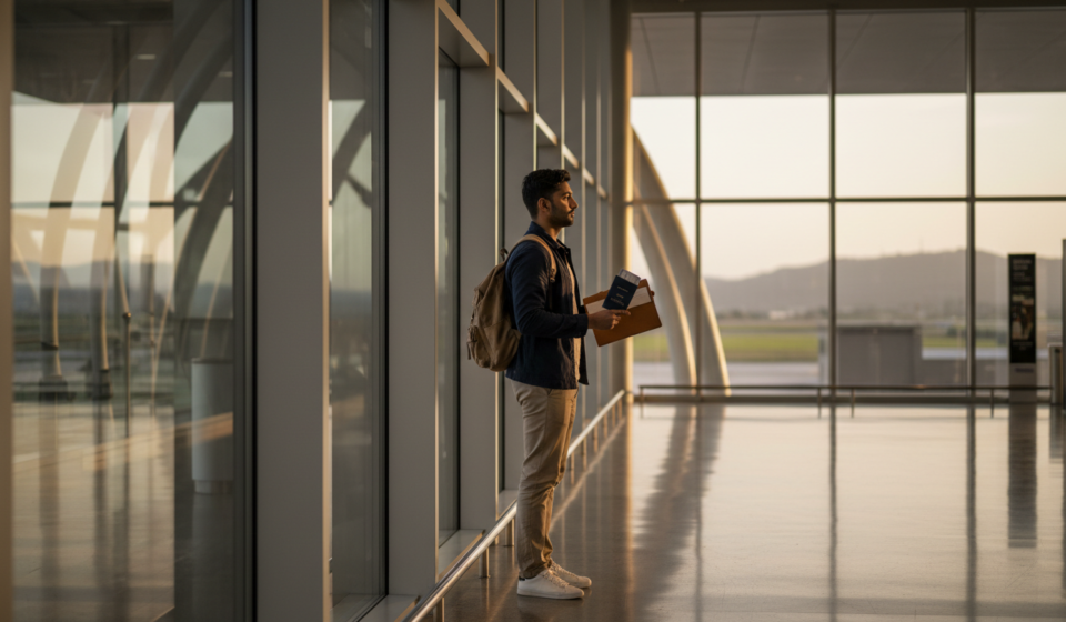 A traveller standing near a large airport window overlooking lush green hills at dusk with passport in hand.