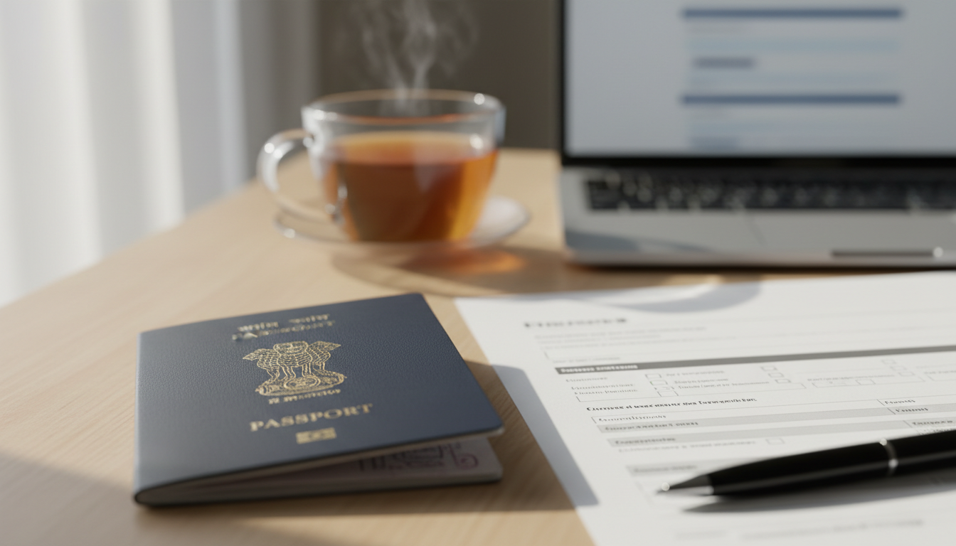 An open passport resting next to a printed travel certificate on a wooden desk near a laptop.