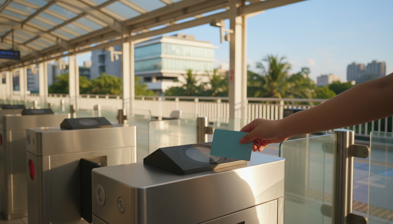 A hand tapping a contactless transit card at a bright public transport station turnstile.