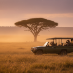 A safari vehicle parked near an acacia tree on the golden grasslands of the Serengeti at sunset.