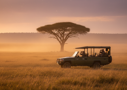 A safari vehicle parked near an acacia tree on the golden grasslands of the Serengeti at sunset.