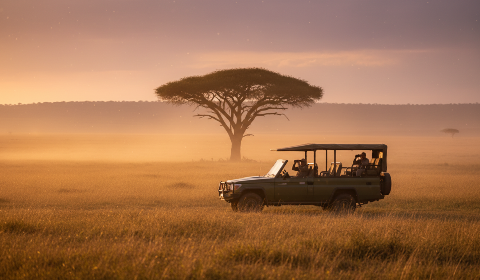 Tanzania Visa for Indian Passport Holders: eVisa & VoA Rules A safari vehicle parked near an acacia tree on the golden grasslands of the Serengeti at sunset.
