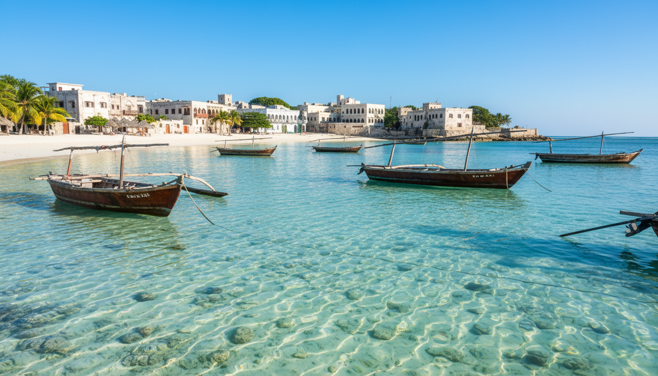 Tanzania Visa for Indian Passport Holders: eVisa & VoA Rules 1 Traditional wooden dhow boats floating on clear turquoise ocean waters along a white sand Zanzibar beach.
