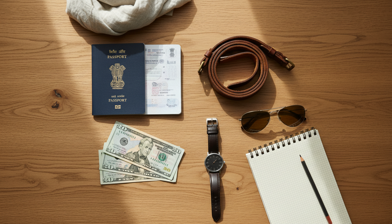 Tanzania Visa for Indian Passport Holders: eVisa & VoA Rules 2 An Indian passport laid beside crisp US dollar banknotes and travel accessories on a wooden table.