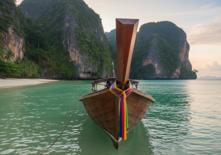A traditional wooden longtail boat anchored in clear turquoise water near dramatic limestone cliffs in Thailand.