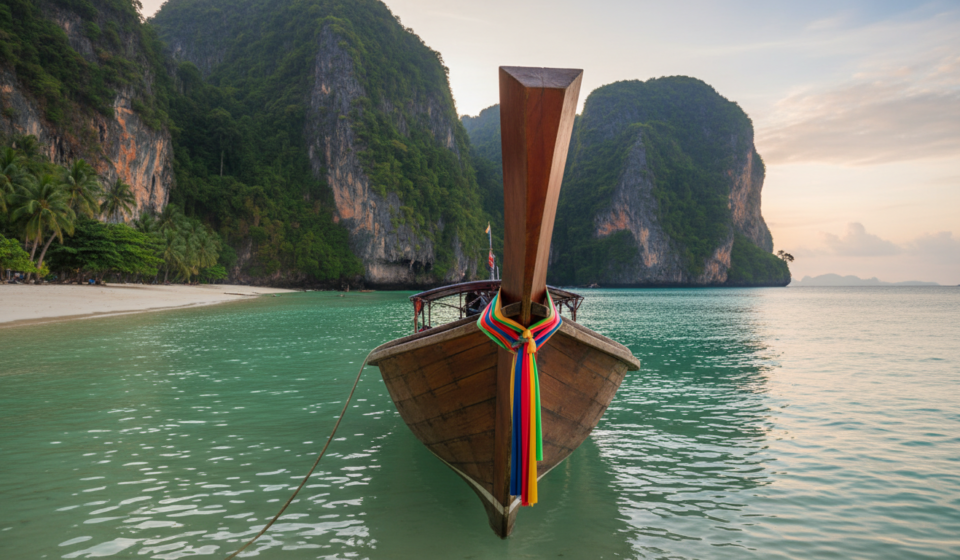 Thailand Tour Packages from India: Costs, Itineraries & Visa A traditional wooden longtail boat anchored in clear turquoise water near dramatic limestone cliffs in Thailand.