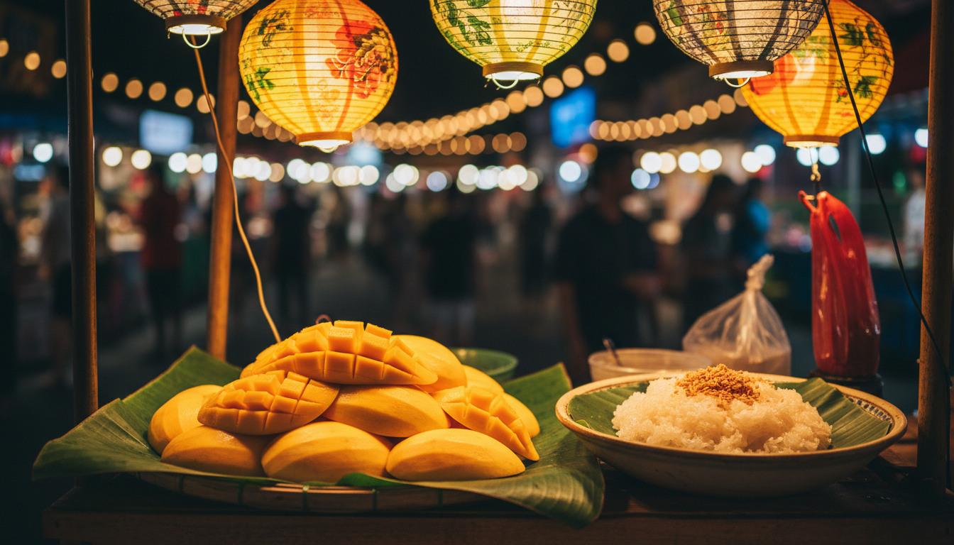 Thailand Tour Packages from India: Costs, Itineraries & Visa 1 Fresh sliced mangoes and coconut sticky rice served on banana leaves at a Bangkok night market stall.