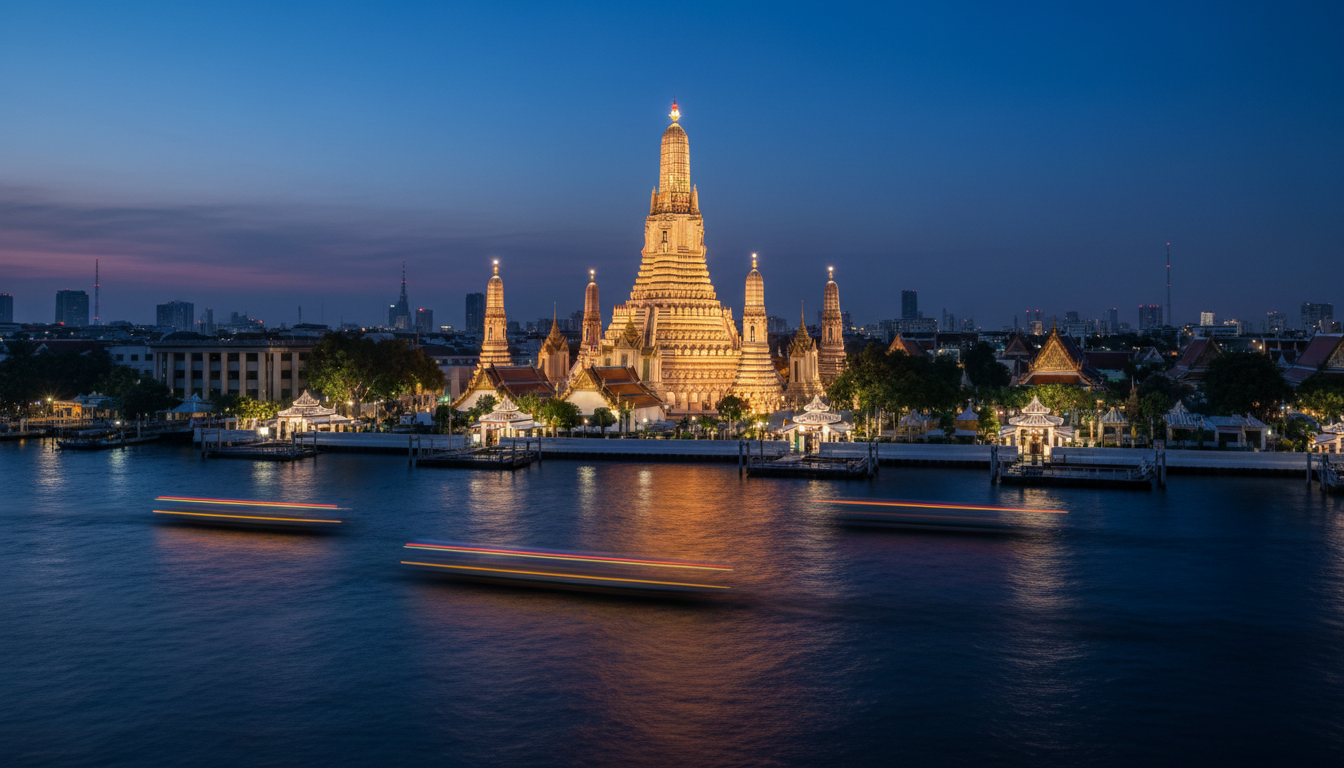 Thailand Tour Packages from India: Costs, Itineraries & Visa 2 Illuminated spires of Wat Arun temple reflected in the Chao Phraya River at twilight in Bangkok.