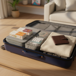 An open navy blue suitcase packed neatly with clothing, sealed spice boxes, and a pouch of medicines.