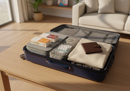 An open navy blue suitcase packed neatly with clothing, sealed spice boxes, and a pouch of medicines.