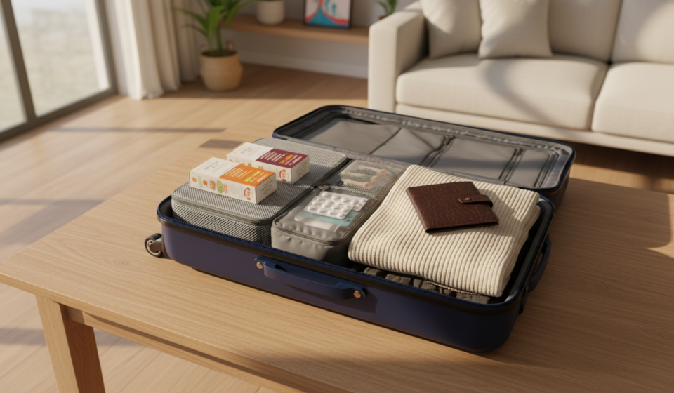 Things Not to Carry to USA from India: TSA & Customs Guide An open navy blue suitcase packed neatly with clothing, sealed spice boxes, and a pouch of medicines.