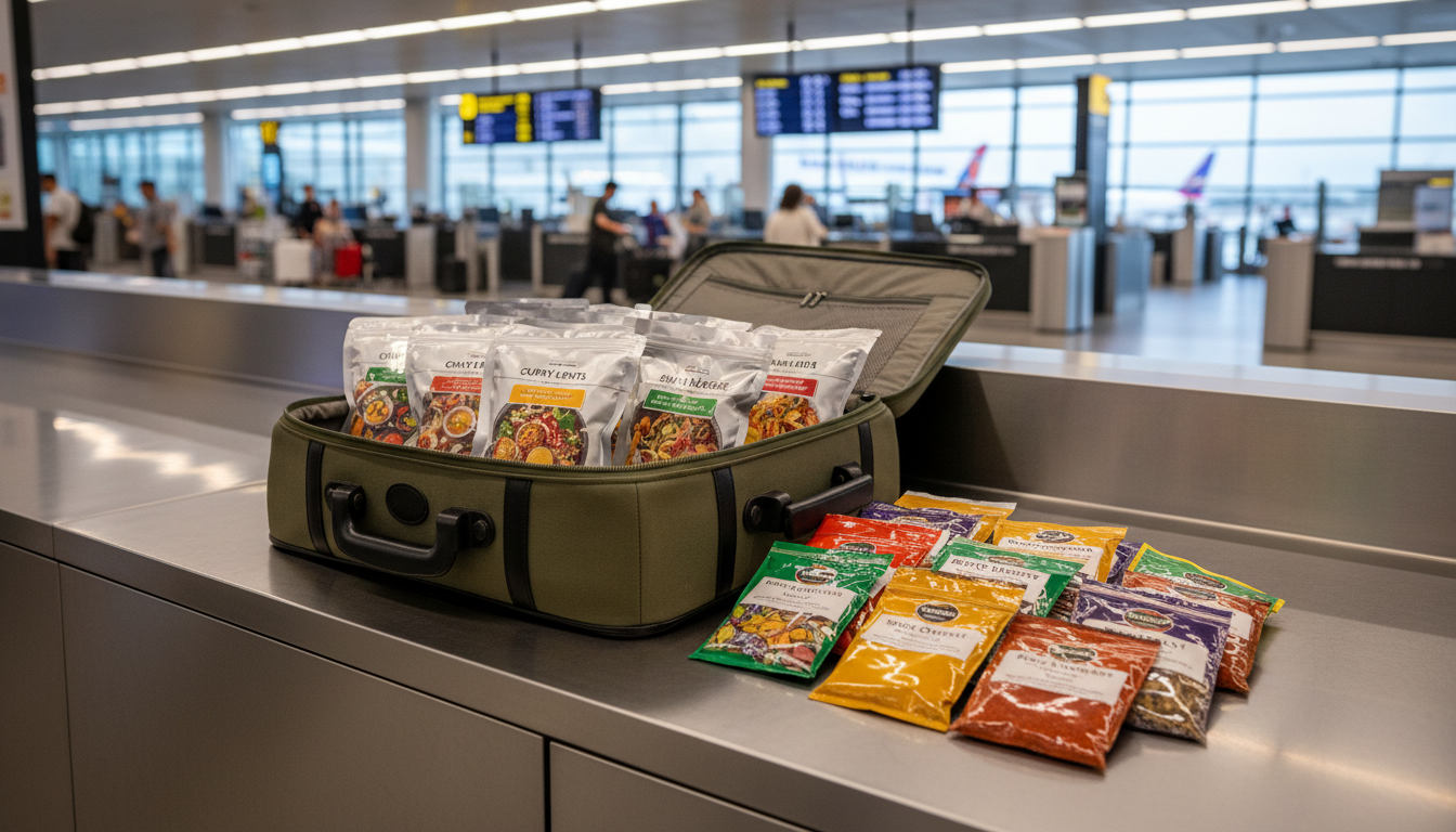 Things Not to Carry to USA from India: TSA & Customs Guide 1 Commercially sealed food packets displayed inside an opened suitcase on an airport inspection counter.