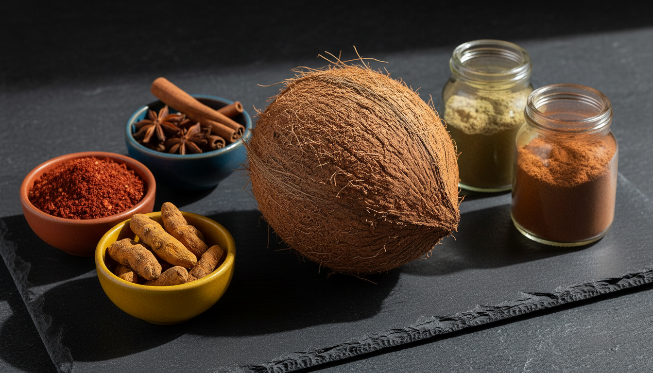 Things Not to Carry to USA from India: TSA & Customs Guide 2 A whole dried coconut and dishes of loose spices arranged on a dark stone surface.