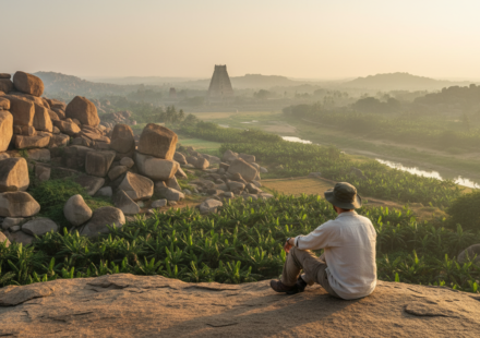Sunrise view over Hampi boulder landscape with Virupaksha Temple tower in the distance.