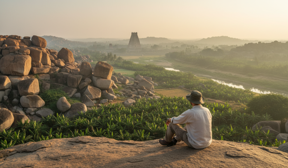 Sunrise view over Hampi boulder landscape with Virupaksha Temple tower in the distance.