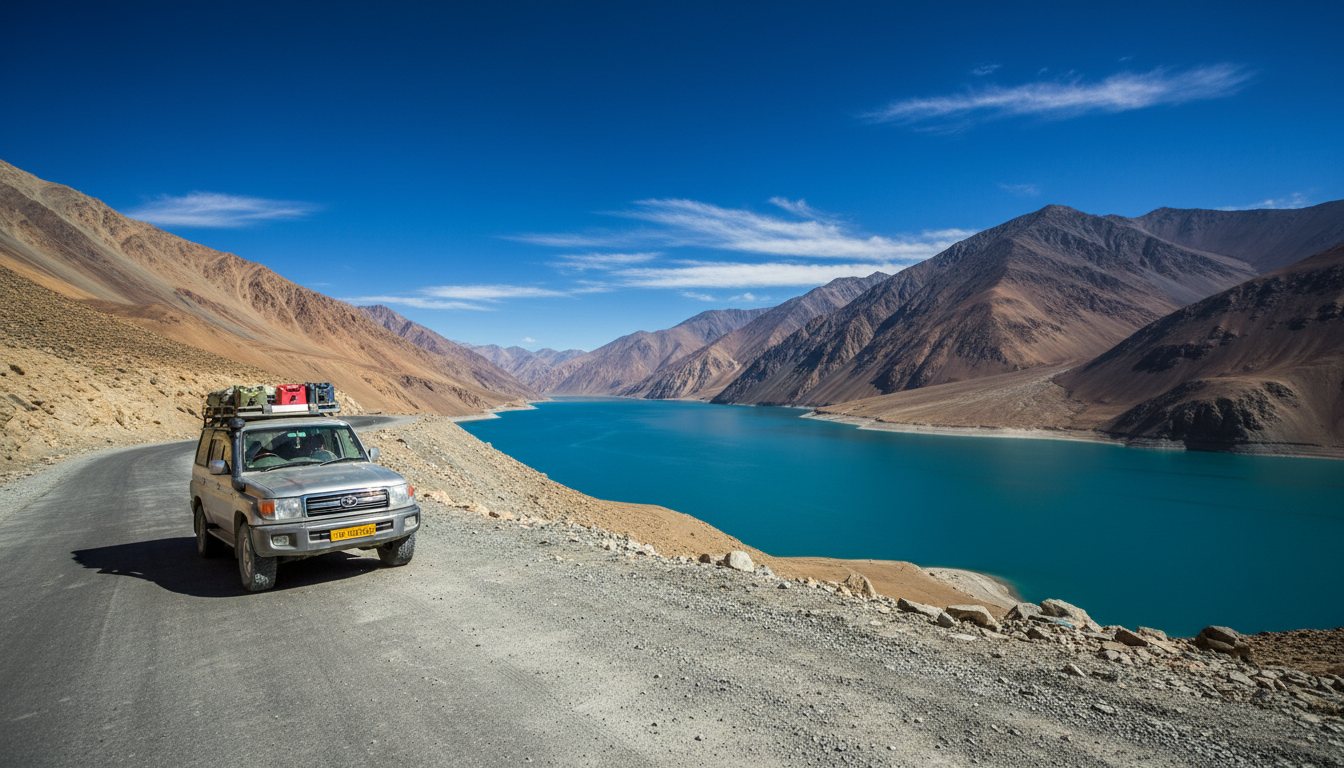 An expedition vehicle parked along a rugged mountain road overlooking Pangong Lake in Ladakh.