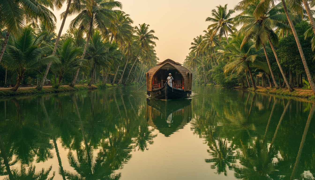 A traditional wooden houseboat cruising through a calm, palm-lined canal in Alleppey, Kerala.