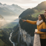 An Indian couple standing on a wooden balcony overlooking the misty alpine valley of Lauterbrunnen in Switzerland.