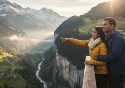 An Indian couple standing on a wooden balcony overlooking the misty alpine valley of Lauterbrunnen in Switzerland.