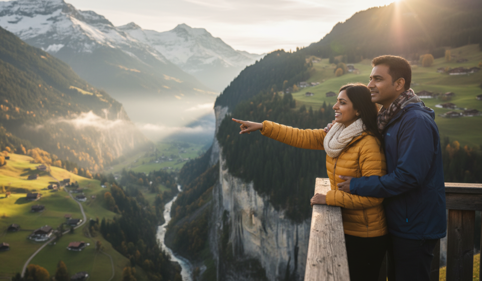 An Indian couple standing on a wooden balcony overlooking the misty alpine valley of Lauterbrunnen in Switzerland.