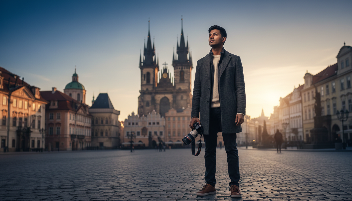 A traveller walking across cobblestone streets in Prague at early sunrise with historical gothic spires in view.