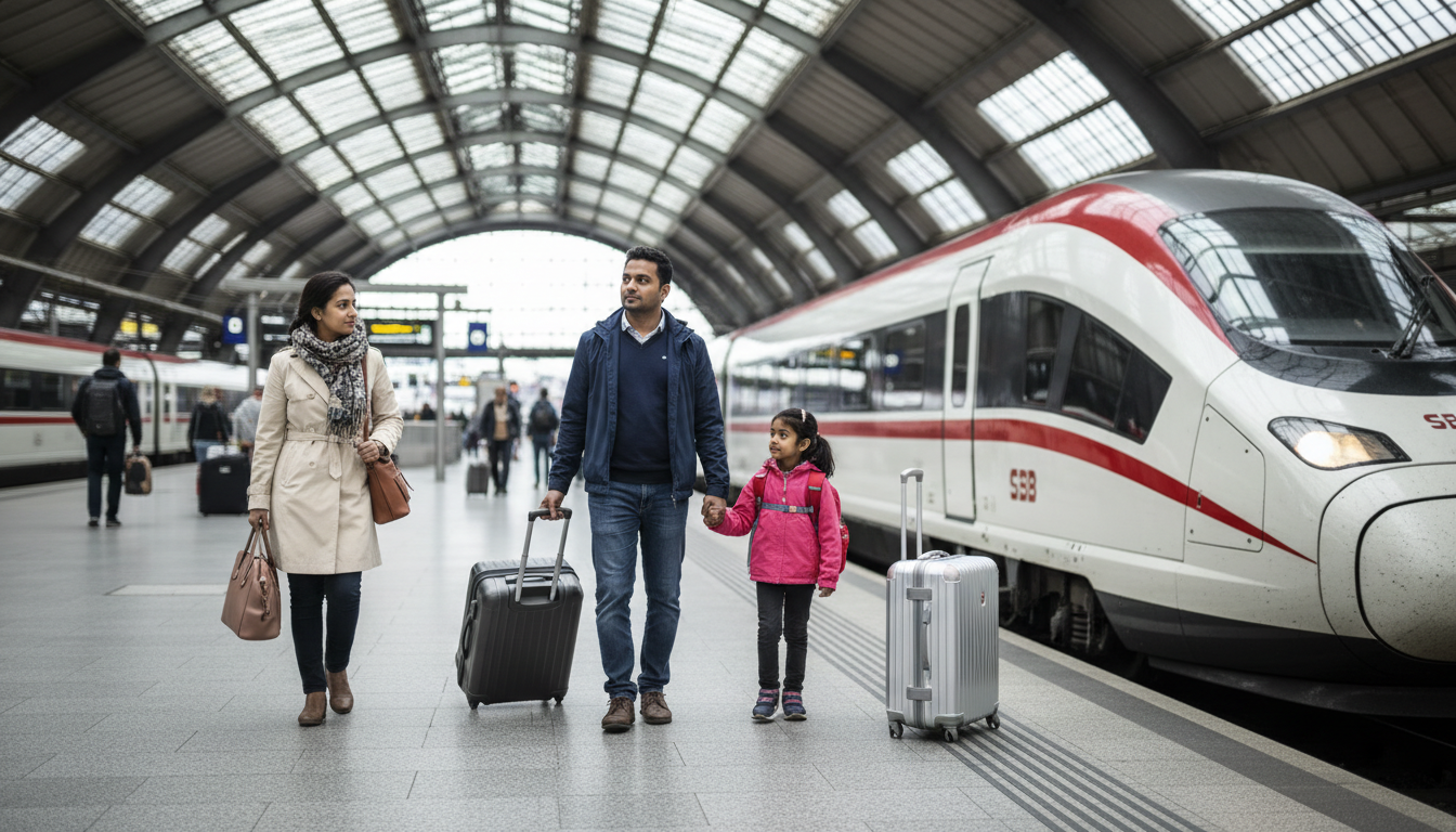 An Indian family walking with rolling luggage on a train platform beside a high-speed passenger train.