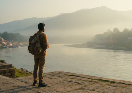 A traveler with a backpack stands by the Ganges River in Rishikesh surrounded by green hills during morning mist.