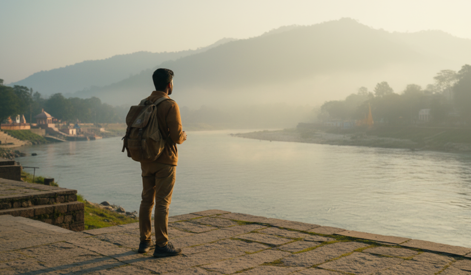 A traveler with a backpack stands by the Ganges River in Rishikesh surrounded by green hills during morning mist.