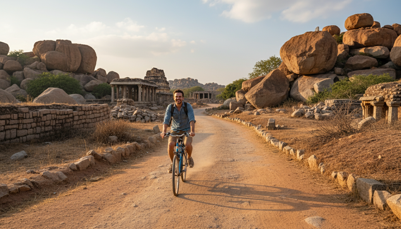 A cyclist rides a rental bicycle past giant granite boulders and ancient temple ruins in Hampi.