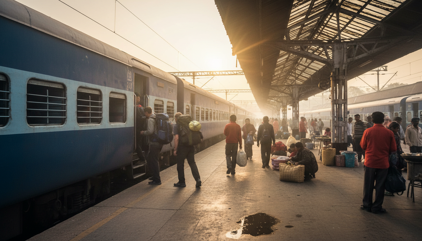 Passengers disembarking from a sleeper train car onto a railway station platform at early dawn.