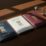Three official Indian passports in navy blue, white, and maroon laid out on a dark oak wooden table.