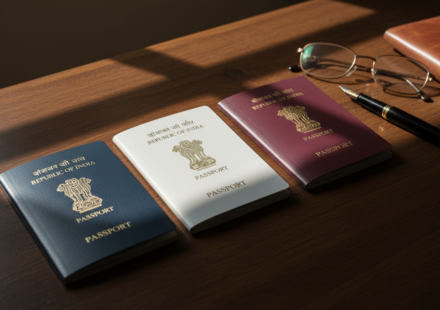 Three official Indian passports in navy blue, white, and maroon laid out on a dark oak wooden table.