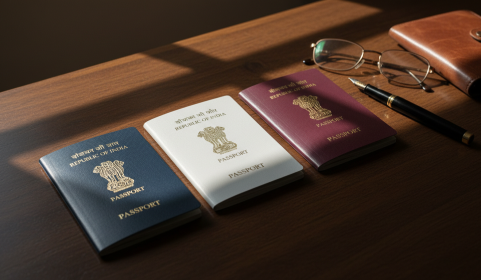 Three official Indian passports in navy blue, white, and maroon laid out on a dark oak wooden table.