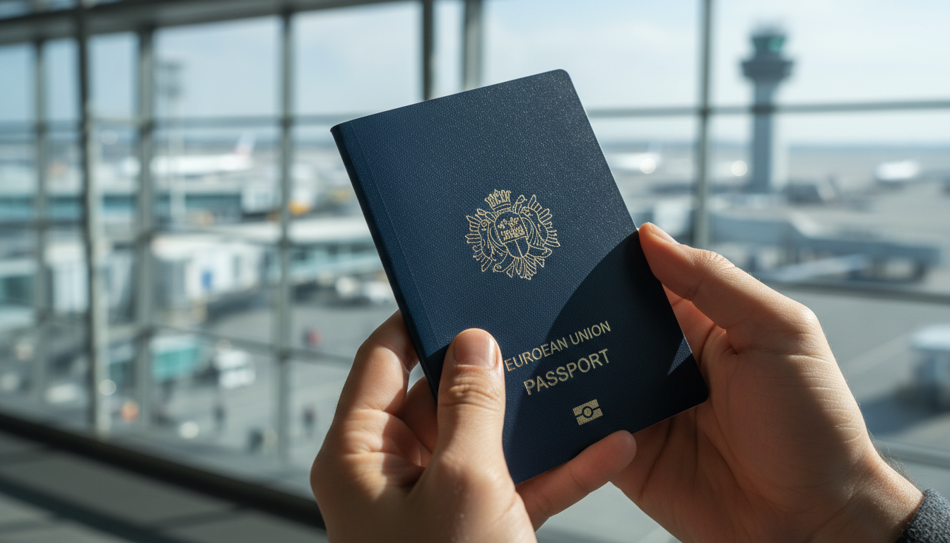Close-up of a navy blue Indian e-passport held at an airport terminal showing the golden microchip symbol.