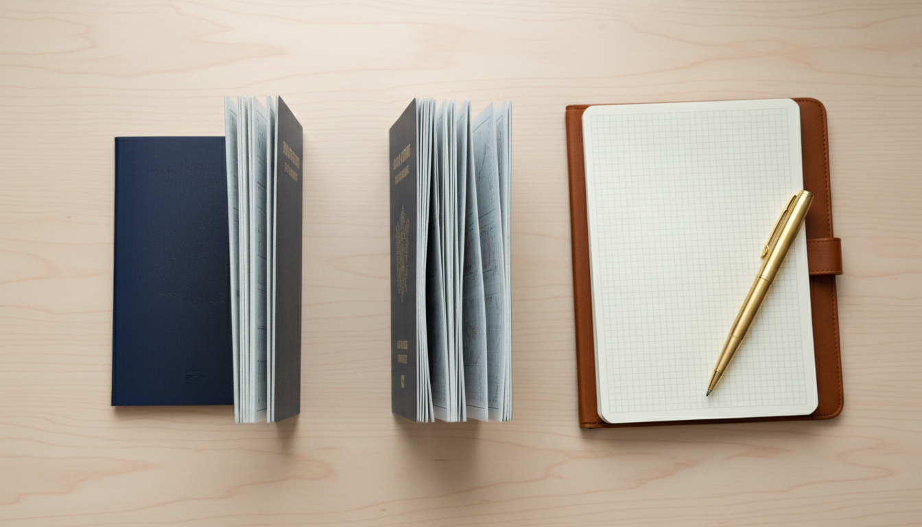 Two open navy blue passports side by side on a wooden desk comparing a standard booklet and a thick jumbo booklet.
