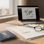 An Indian passport resting on a wooden table alongside organized travel documents and an open laptop.