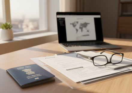 An Indian passport resting on a wooden table alongside organized travel documents and an open laptop.