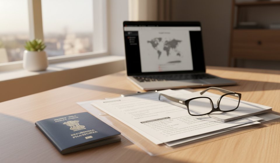 How to Book a UK Visa Appointment in India: 2026 VFS Guide An Indian passport resting on a wooden table alongside organized travel documents and an open laptop.