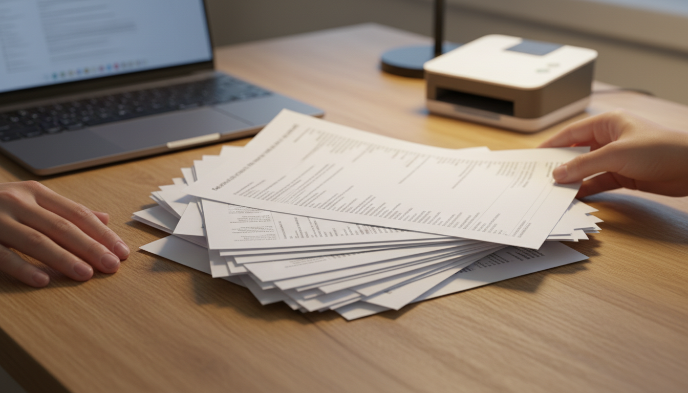 How to Book a UK Visa Appointment in India: 2026 VFS Guide 1 Hands organizing printed financial statements and documents next to a laptop on a wooden desk.