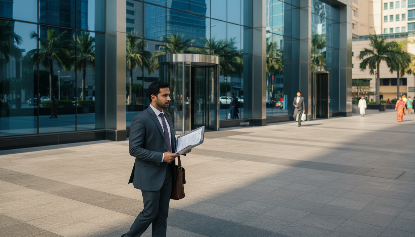 How to Book a UK Visa Appointment in India: 2026 VFS Guide 2 A person carrying a folder of documents toward a modern office building entrance in India.